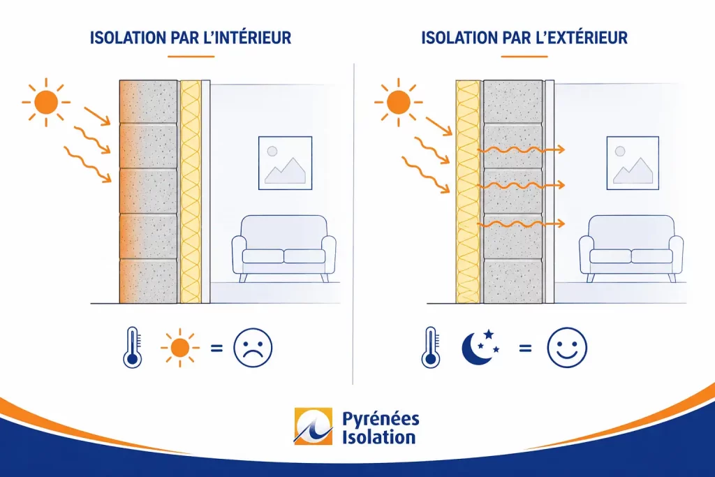 Isolation extérieure laine de bois : position de la masse du mur comparée à une isolation par l’intérieur