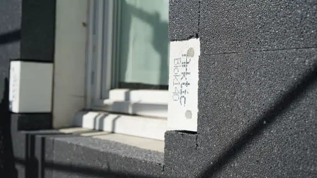 Isolant découpé autour d'une fenêtre, à hauteur de l'appui, sur le chantier de Trie-sur-Baïse